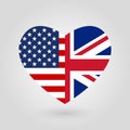 US and UK flags icon in the heart shape. American and British friendship symbol. Vector illustration.